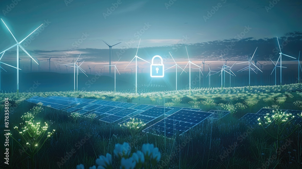 Aufkleber An empty grass field at night with solar panels and wind turbines with a blue 3d lock floating in the front center, unreal engine. Generative AI.