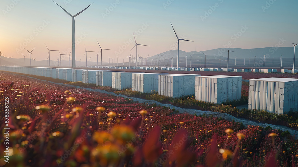 Aufkleber an electric landscape with rectangular fields of containers with a wind turbine behind them. generat