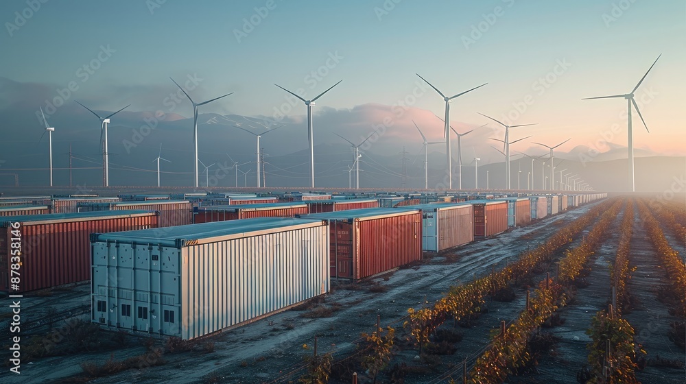 Aufkleber An electric landscape with rectangular fields of containers with a wind turbine behind them. Generative AI.