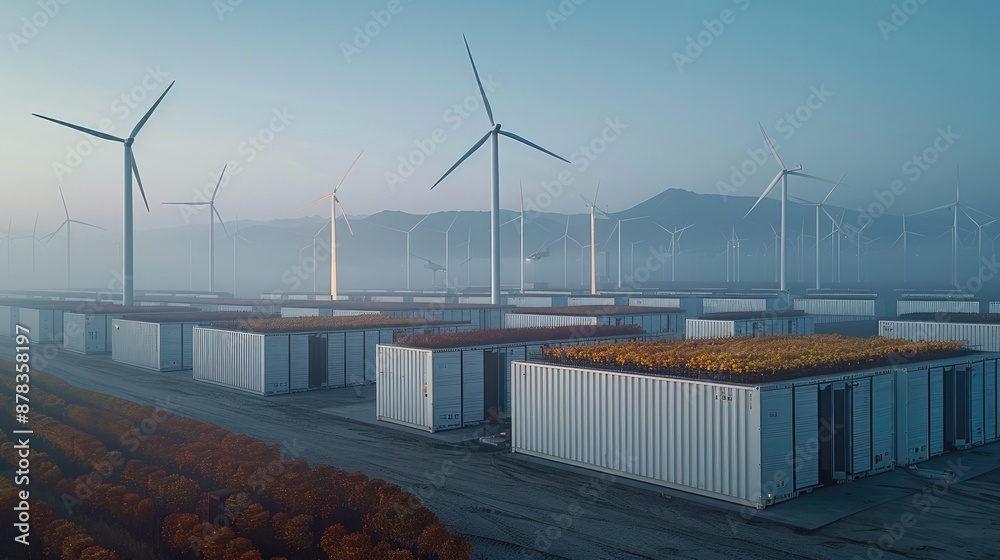 Poster An electric landscape with rectangular fields of containers with a wind turbine behind them. Generative AI.