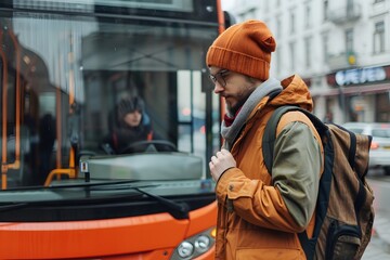 Man in Winter Attire Walking Past an Orange Bus in the City