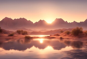 Obraz premium mountain illustration desert sunrise reflection water view sky landscape lake mountains cloud beach morning