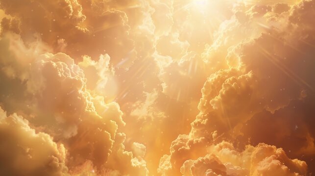 The sky view of white and gold clouds with sunlight breaking through, depicts the concept of God's light and spiritual hope