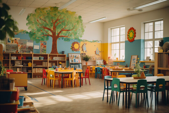 Bright colorful kindergarten classroom with playful decor and educational materials