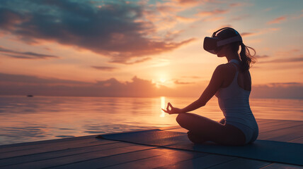 a woman sits on a yoga mat using a virtual reality headset