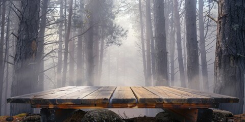 A rustic wooden podium in a foggy forest, with the mist creating an ethereal atmosphere among the tall trees.