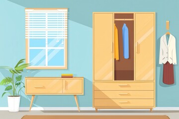 Minimalist wardrobe interior design with a wooden cabinet, mirror and on hangers at home or apartment background