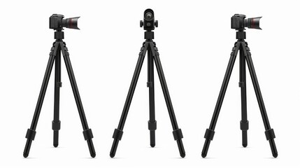 Black tripod with 3 legs and a quick release plate. It is used to stabilize a camera for taking photos or videos.
