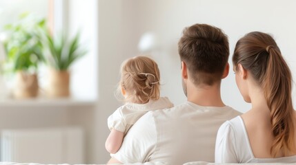 Fototapeta premium Rear view of young family with baby sitting together in light cozy living room. Minimalist decor and green plants in the background.