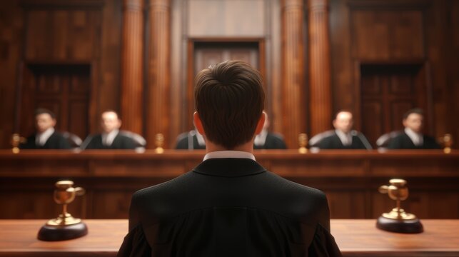 Rear view of a lawyer facing a panel of judges in a courtroom setting, emphasizing justice, legal proceedings, and the judicial system.