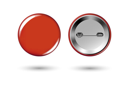 Red badge mockup. Round badge button brooch. Realistic red blank glossy round button badge pin with metal back cover. Vector illustration.