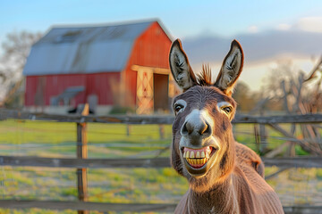 Donkey smiling in front of a red barn