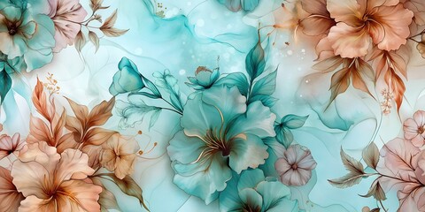 Fototapeta premium A vibrant floral centerpiece featuring large blue flowers in a flowing abstract design. The stains are an imitation of watercolor or alcohol ink. Ideal for backgrounds, wallpapers and art projects.