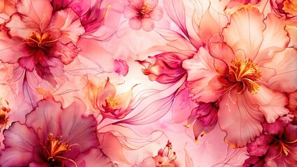 A vibrant floral centerpiece featuring large pink flowers in a flowing abstract design. The stains are an imitation of watercolor or alcohol ink. Ideal for backgrounds, wallpapers and art projects.