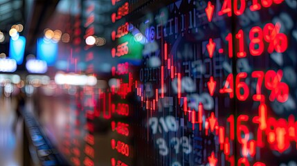 Stock market display board showing red numbers and falling prices during recession