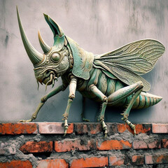 Obraz premium Funny illustration of hybrid animal, grasshopper with rhino head and horn. Fantasy digital art