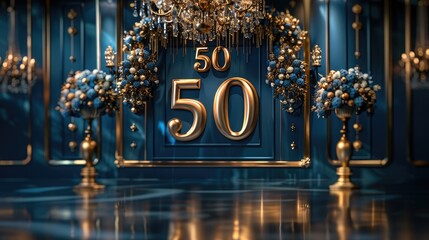50th anniversary themed display, a large number "50", an elegant design on a dark blue background, gold accents, metallic elements, an elegant display, event decor, minimalist style. Generative AI.