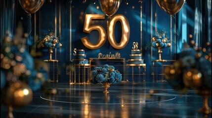 50th anniversary themed display, a large number "50", an elegant design on a dark blue background, gold accents, metallic elements, an elegant display, event decor, minimalist style. Generative AI.