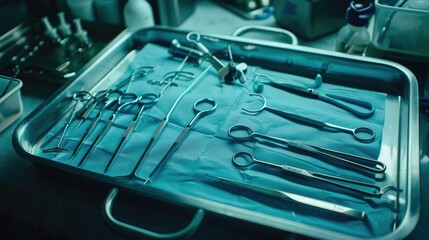 Surgical instruments laid out on a sterile tray in an operating room