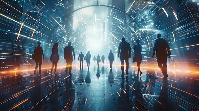 Group of Professional business people walking through from a super technology gate. Future. Futuristic. interface graphic at night. Generative AI.