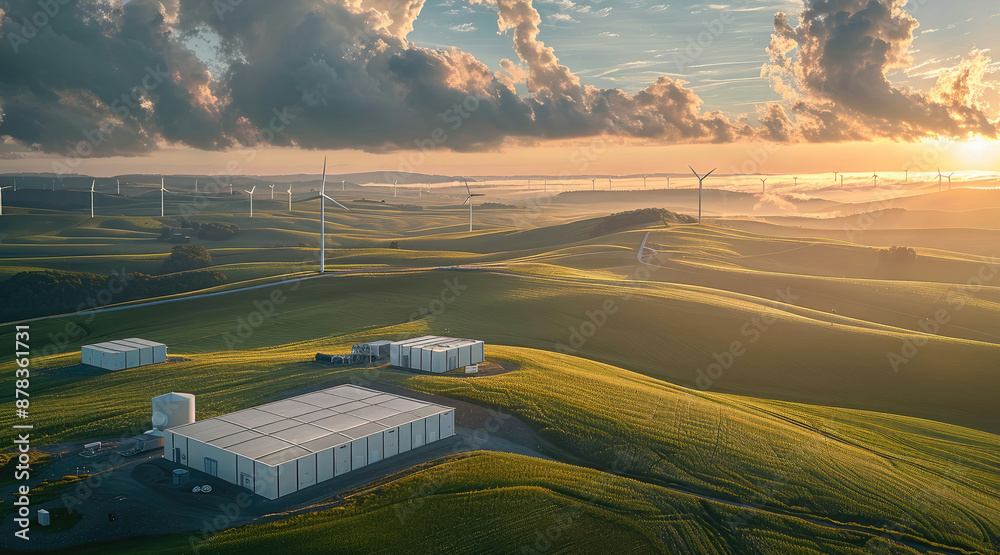Poster An aerial view of a battery energy storage system with a substation in a green landscape and windmills in the background. Generative AI.