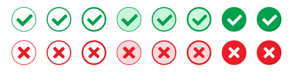 Right or wrong icons. Green tick and red cross checkmarks. Yes or no symbol, approved or rejected icon for user interface.