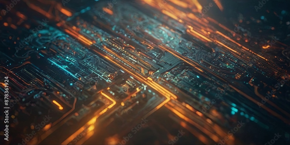 Poster a computer chip with a blue and orange design