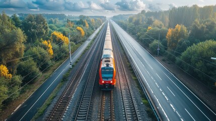 Train running on the track, car on the highway, showing smart transportation, daytime. Generative AI.