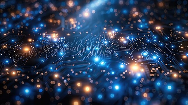 A chip made of shining lights in outer space. colors bright blue. Generative AI.