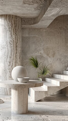 Obraz premium Concrete staircase with a round table and a globe in a minimalist interior