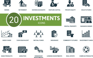 Investments icon set. Bonds, Retirement, Savings Accounts, Venture Capital, Private Equity, Gold Futures, Rental Property, Business Owner, Index Funds, Cash Equivalent icons and more