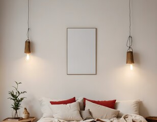 bedroom, Empty photo frame, display, art, mock up 3D home interior design with minimalistic layout. Clean and crisp