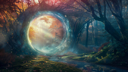 Mysterious Portal in Enchanted Forest with Swirling Vortex of Light