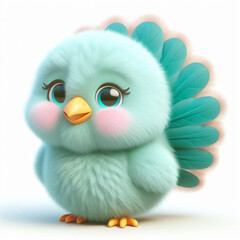 Cute furry peacok 3D character on white background
