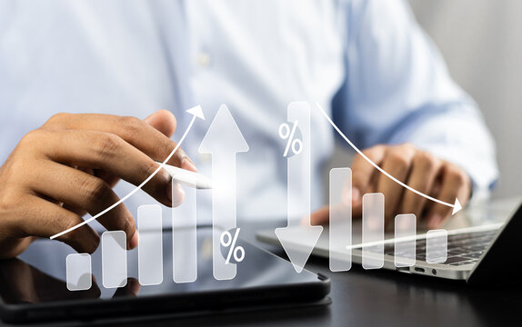 Business strategy success Cost and quality control for effective management Achieving goals, Businessman analyzing growth graph and cost reduction, Success business growth for long-term investments.