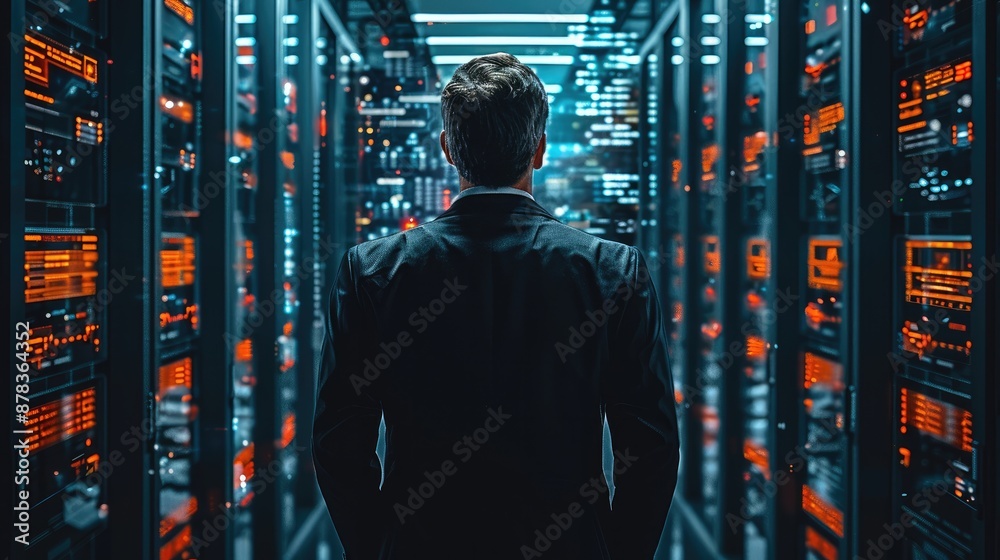 Aufkleber cybersecurity businessman wearing black suit teams, working on data control center with artificial i