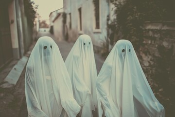 Three ghosts wandering down a narrow, old-town alley, adding an eerie vibe to the scene