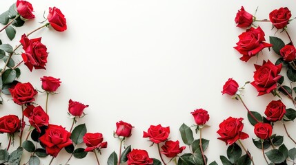 Red roses frame on white background flat lay view with space for text
