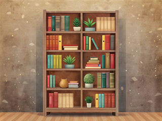Bookcase with books and houseplants on a brown background