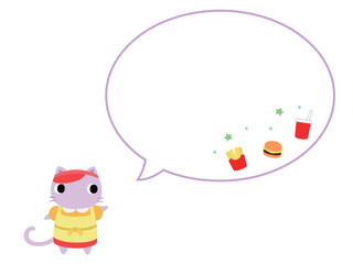 ハンバーガーショップ店員のネコ　吹き出し＋装飾付