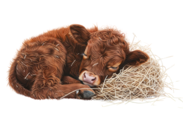 A contented calf curled up in a pile of hay. Have a calm and calm expression. Expressed warmly on a white background