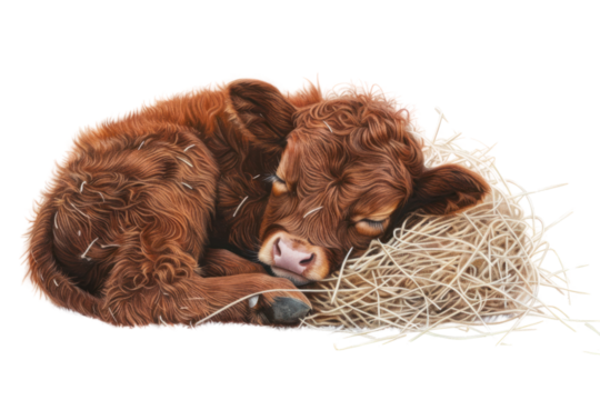 A contented calf curled up in a pile of hay. Have a calm and calm expression. Expressed warmly on a white background