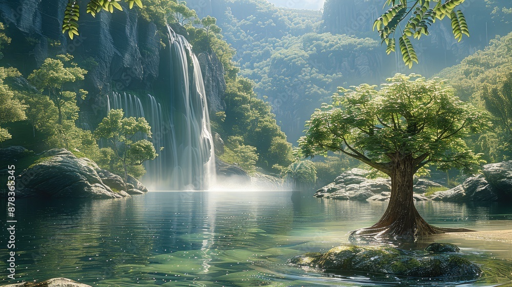 Poster A river with a large rock in front plane leaning on a small tree in the water, further away in the distance is a waterfall. Generative AI.