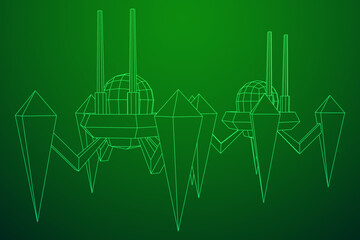 Spider robot with radar antenna. Nanobot, nanotechnology medical concept. Wireframe low poly mesh vector illustration