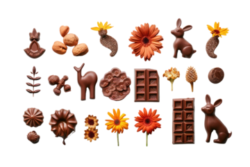 Creative images of chocolate transforming into animals, flowers or everyday objects. Isolated on white background.