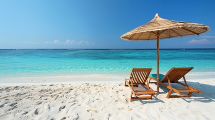 Obraz premium Two wooden beach chairs on a sandy beach with blue ocean in the background