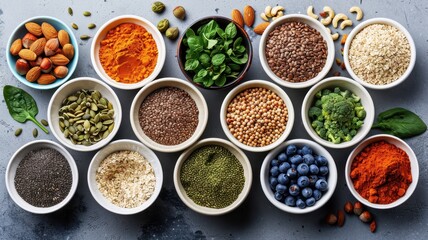 An assortment of superfoods in small bowls displayed on a gray surface, showcasing healthy and nutritious ingredients like spices, seeds, nuts, and fruits.