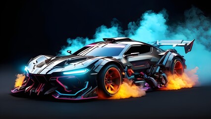 Naklejka premium Futuristic sports car with neon lights and smoke, black background, high-speed. Generative AI