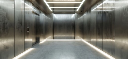 Fototapeta premium Elevator with brushed stainless steel walls and a polished concrete floor, perfect background
