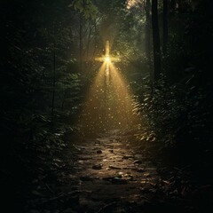 Obraz premium A beam of light shines through the trees in a dark forest, illuminating a path ahead.